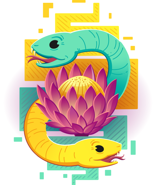 Elaborate version of the PyConZA logo, with two snakes entwined around a protea.